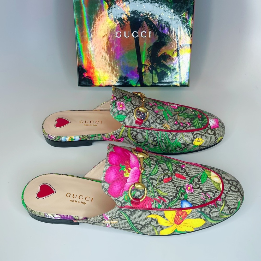 GUCCI Princetown Horsebit GG Supreme Flora Print Slippers Sandals Slip-on Shoes - Picture 7 of 13